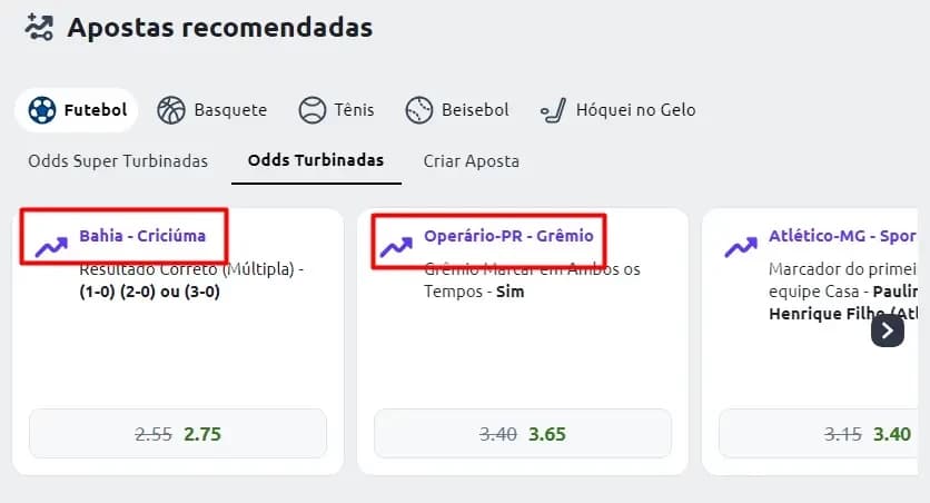 odds turbinadas da betano indicadas no site com uma seta azul