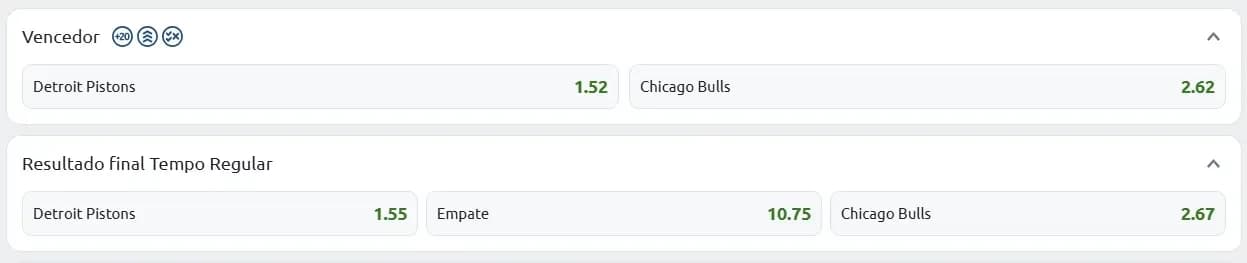 vencedor odds 1.52 e 2.62, resultado final tempo regular odds 1.55 - 10.75 - 2.67