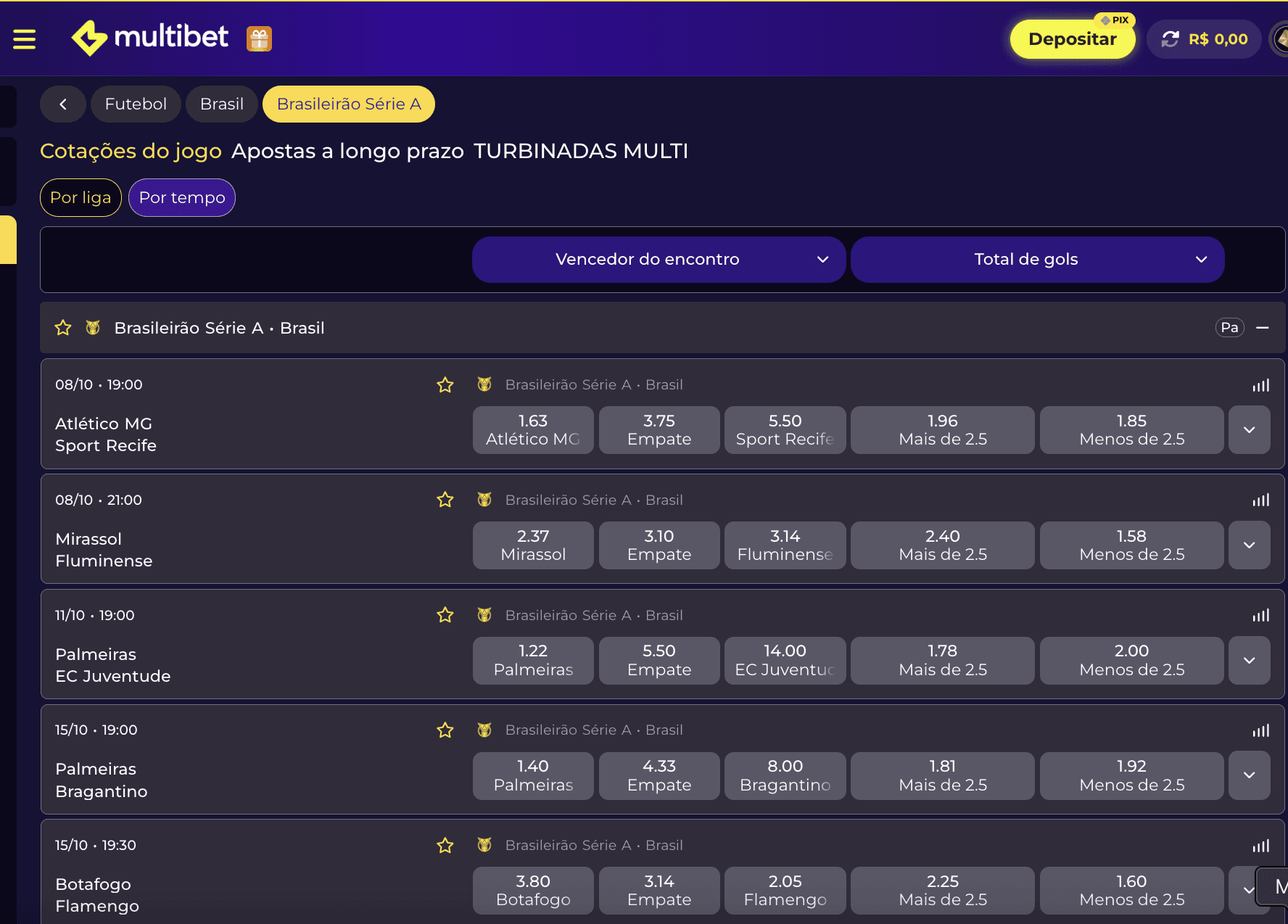 Página de apostas no Brasileirão na Multibet