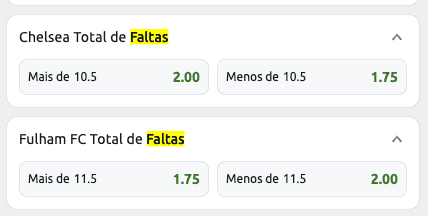 Faltas por equipes na Betano
