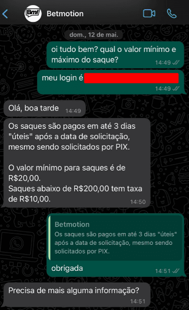 tela do whatsapp da betmotion com dialógo de pergunta sobre o valor mínimo e máximo de saque