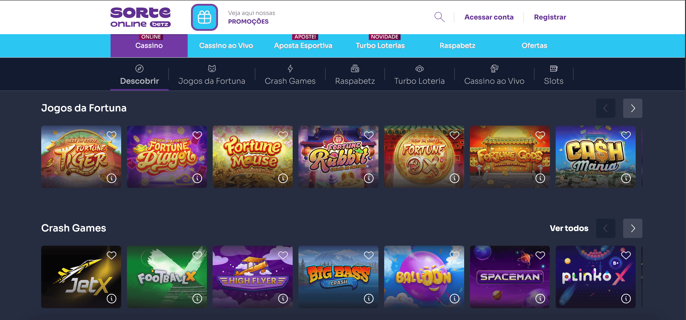 Seção de cassino na Sorte Online Betz