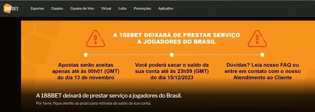 Comunicado da 188bet sobre deixar o Brasil