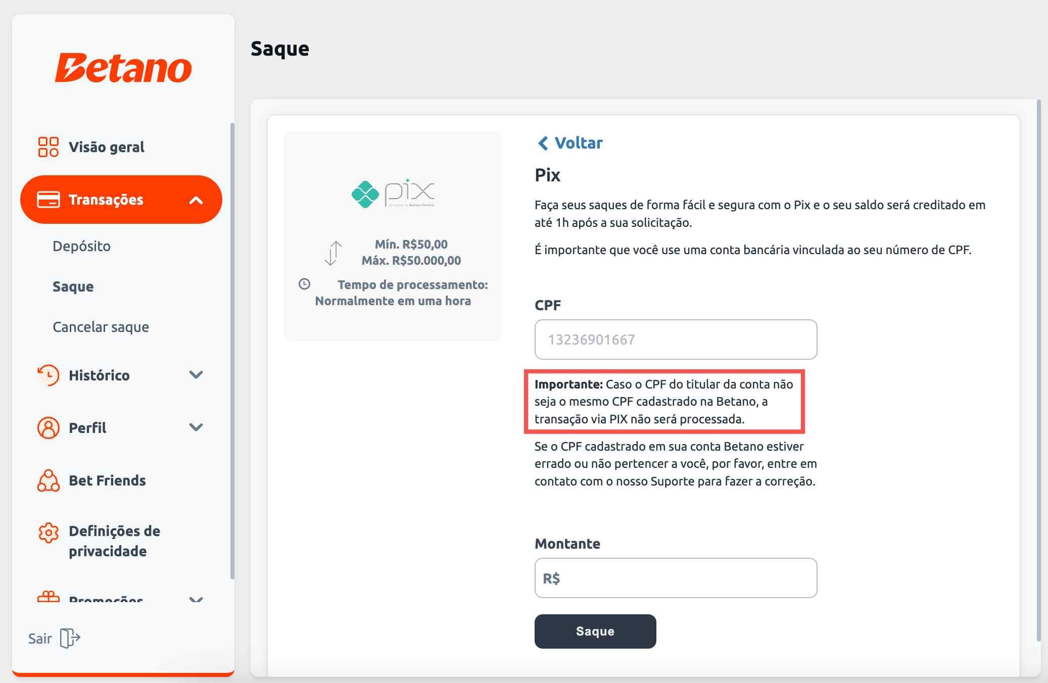 Ao tentar fazer saques na Betano com o CPF de outra pessoa, via PIX, o saldo não é processado. No print, vemos a mensagem da Betano ao usuário.