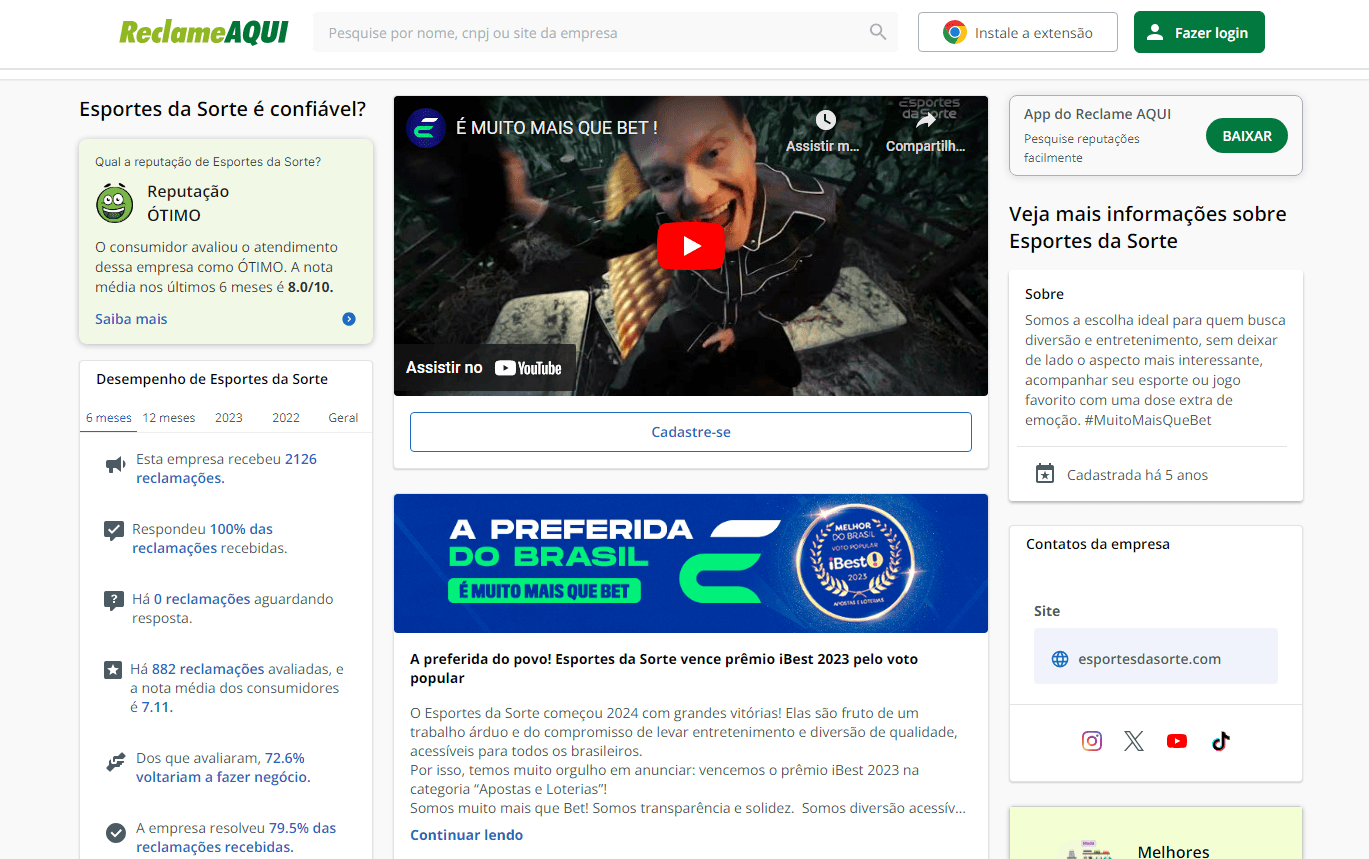 página do reclame aqui mostrando a empresa esportes da sorte com reputação ótima e nota 8 de 10