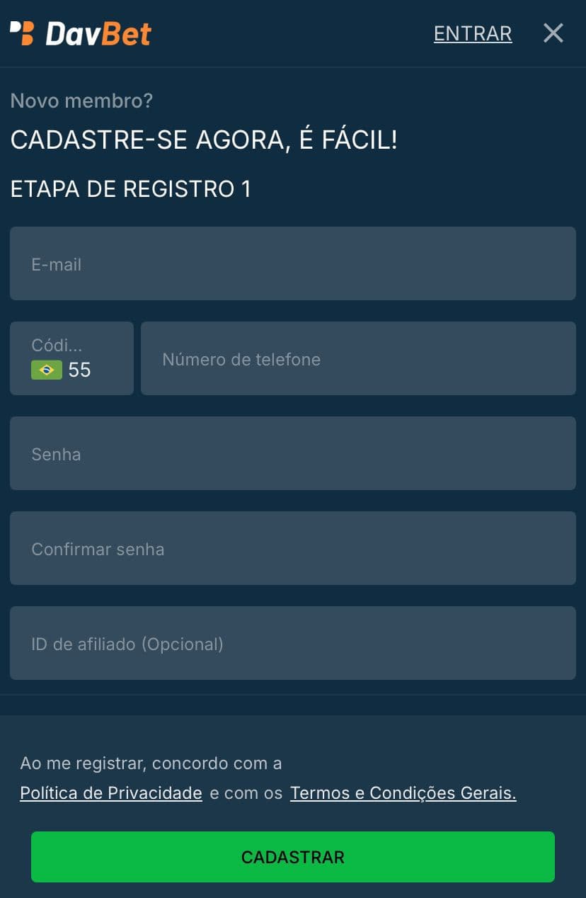 Página de cadastro na Davbet