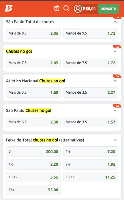 Exemplos de mercados de chutes no gol na Betano