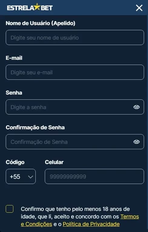 etapa de cadastro na estrelabet solicitando nome de usuário e e-mail