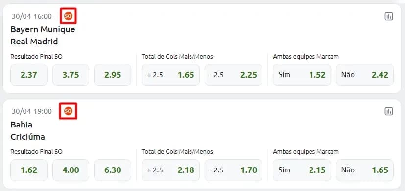 tela do site betano mostrando as superodds indicadas por um ícone laranja escrito SO