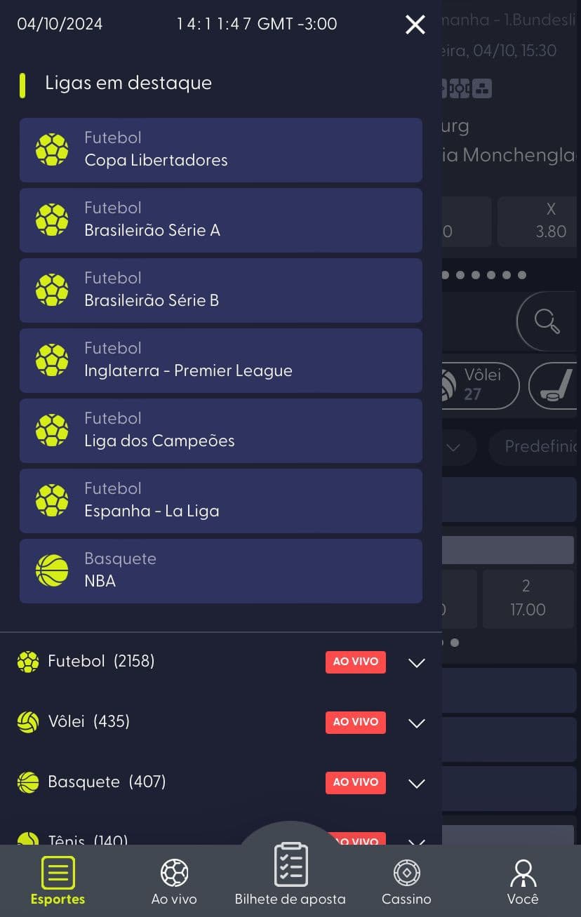 Página de apostas esportivas no aplicativo da Bet7k