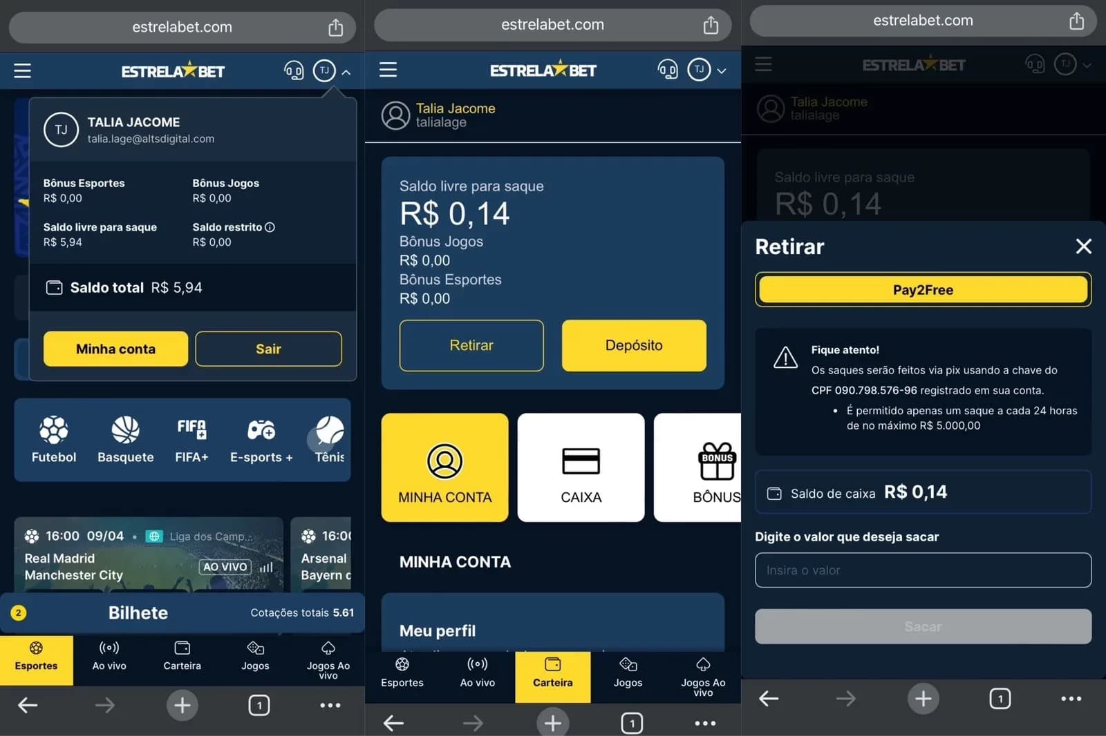 telas de celular mostrando processo de saque de dinheiro no site da estrelabet