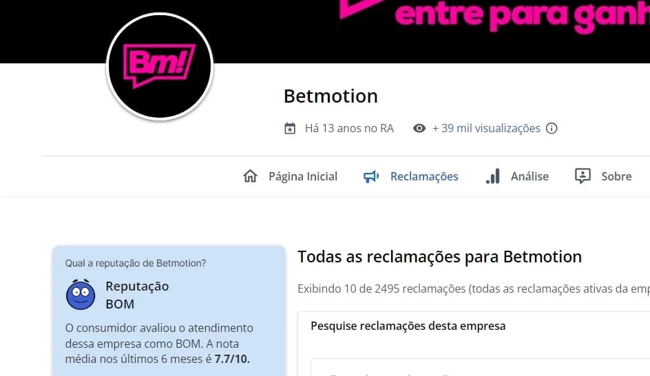 reclame aqui da betmotion indicando nota 7.7 de 10 e reputação BOM