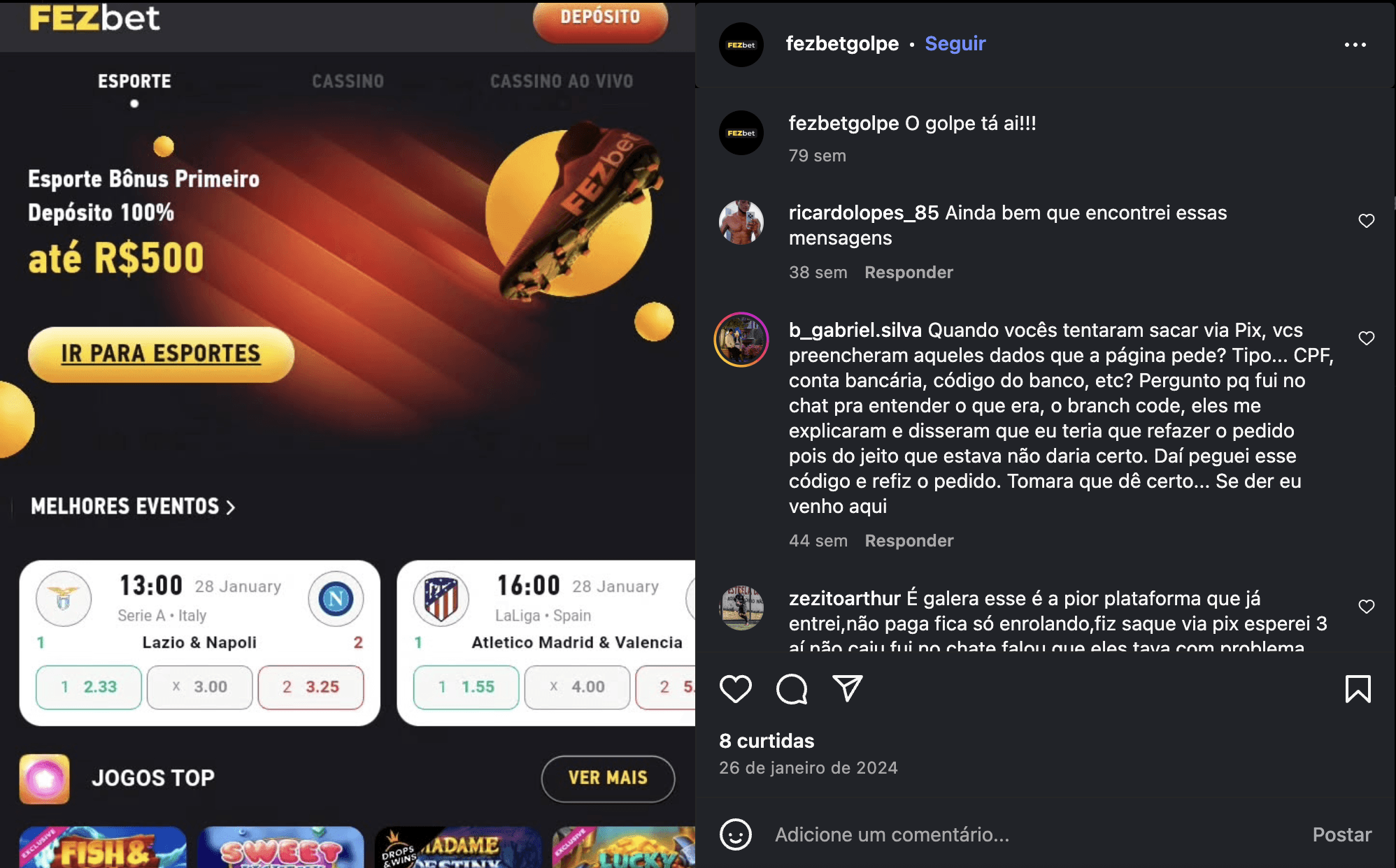 Postagem do perfil @fezbetgolpe