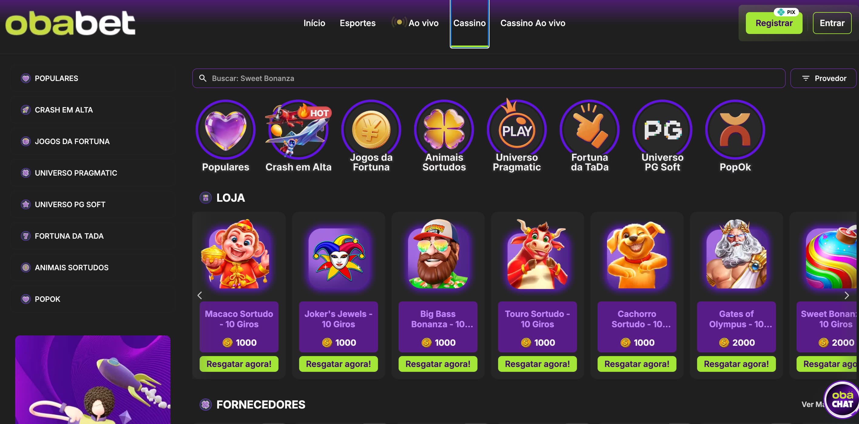 Seção de cassino do site Obabet