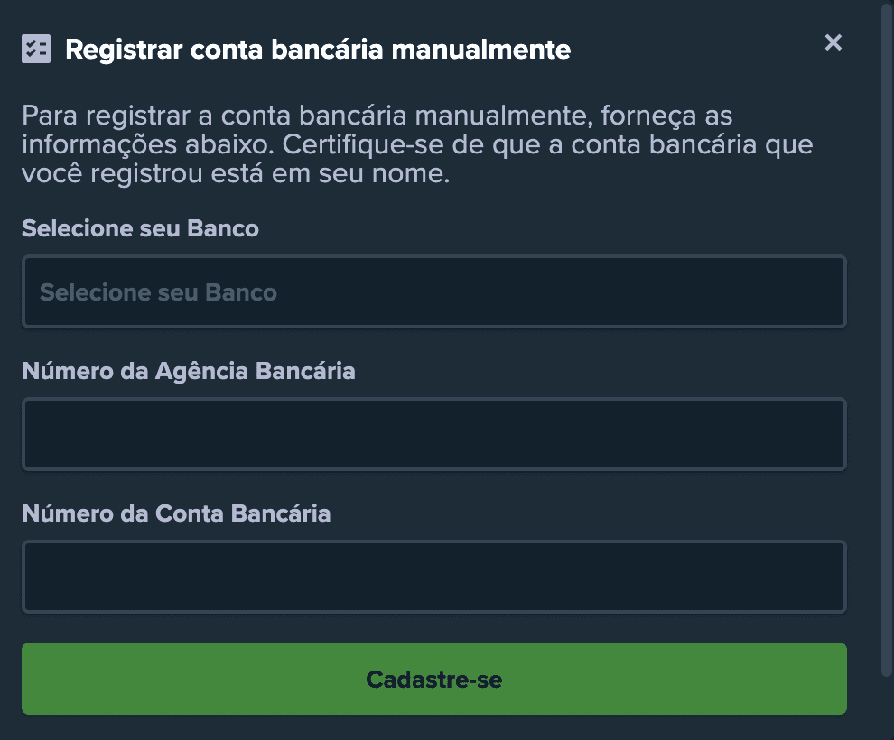 Registro de conta bancária na Stake
