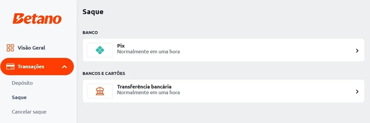 seção de saque na Betano