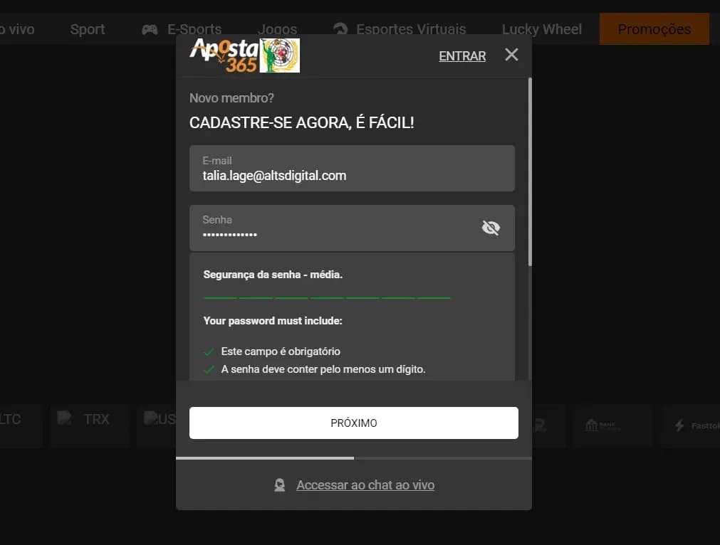 seção de cadastro do aposta365