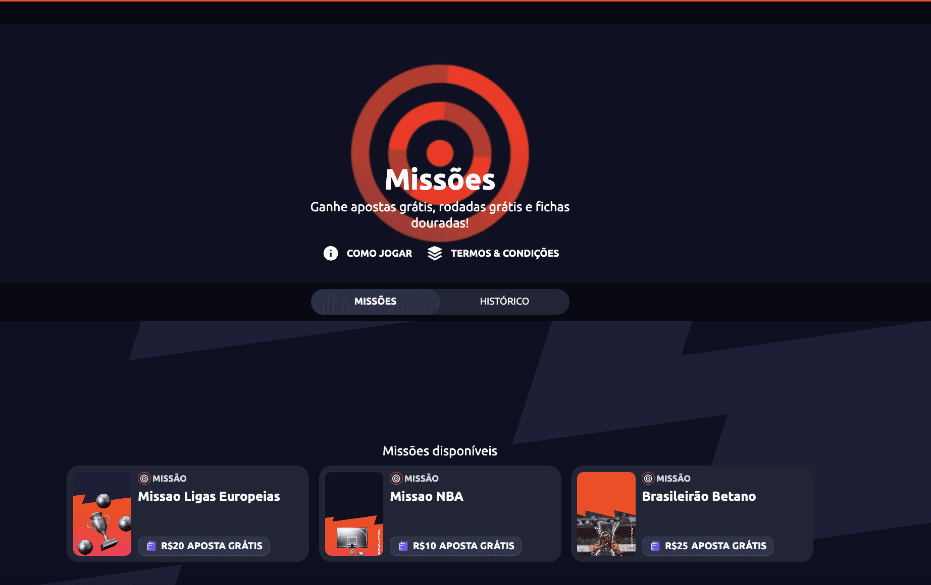 Página de Missões Betano