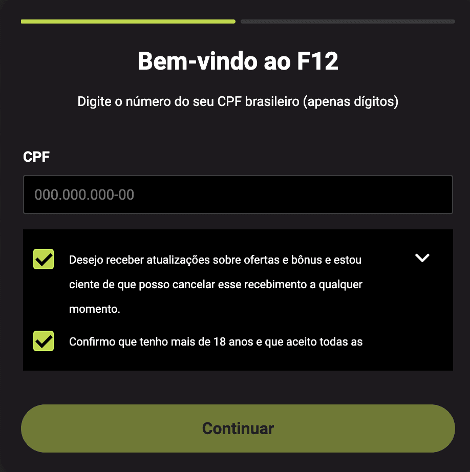 Formulário de cadastro na F12Bet