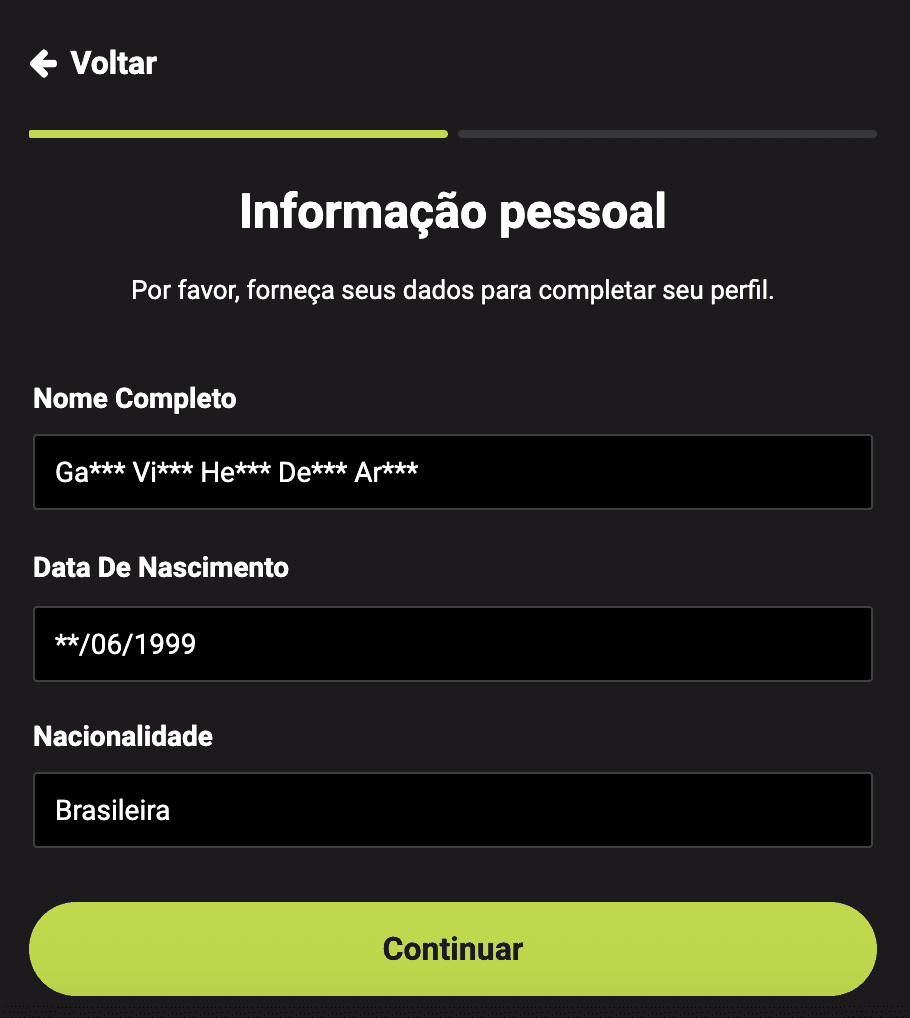 Formulário de cadastro na F12Bet