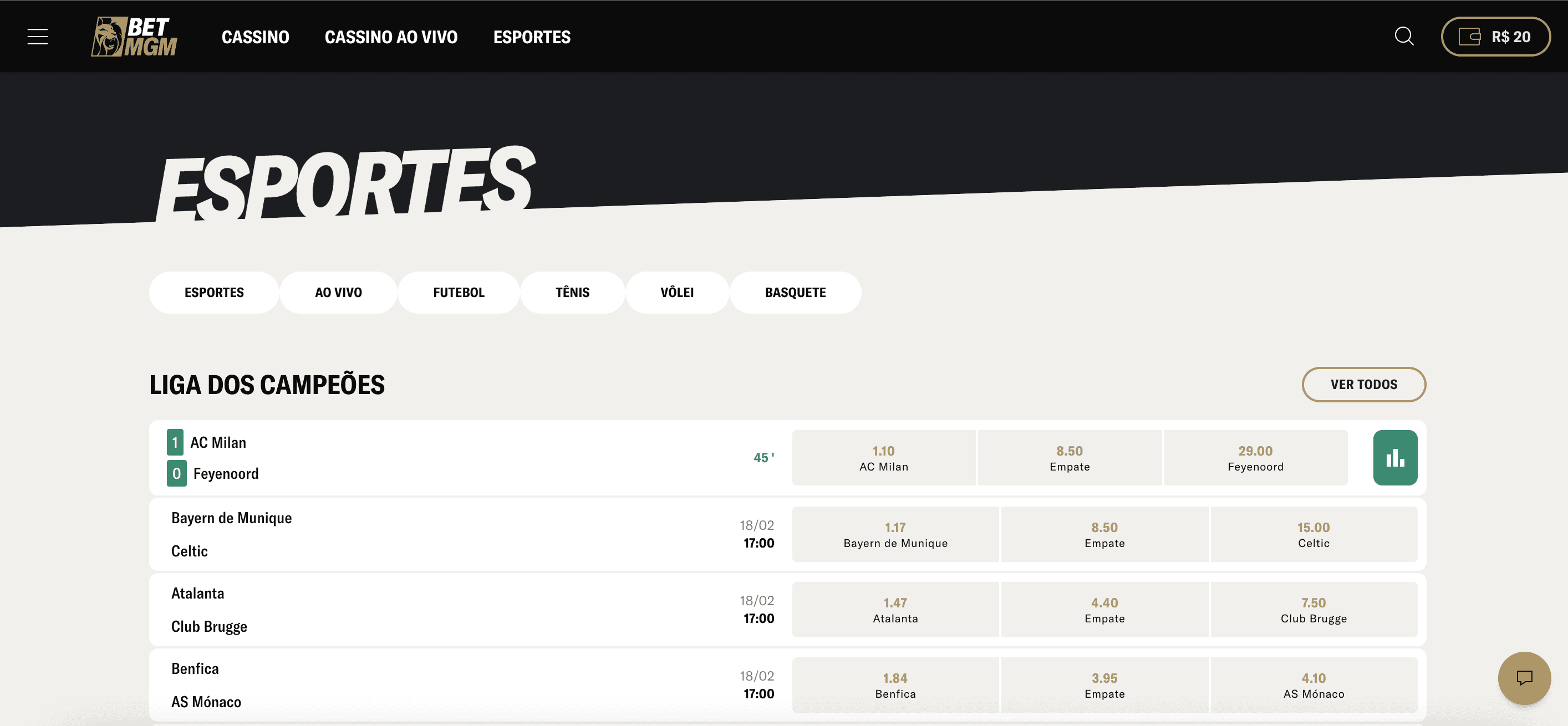 Seção de Esportes na BetMGM