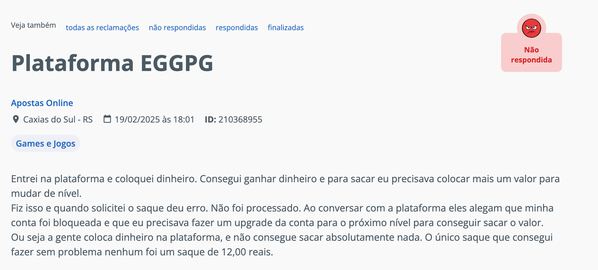 Reclamação sobre a falta de pagamento da EGGPG no Reclame Aqui