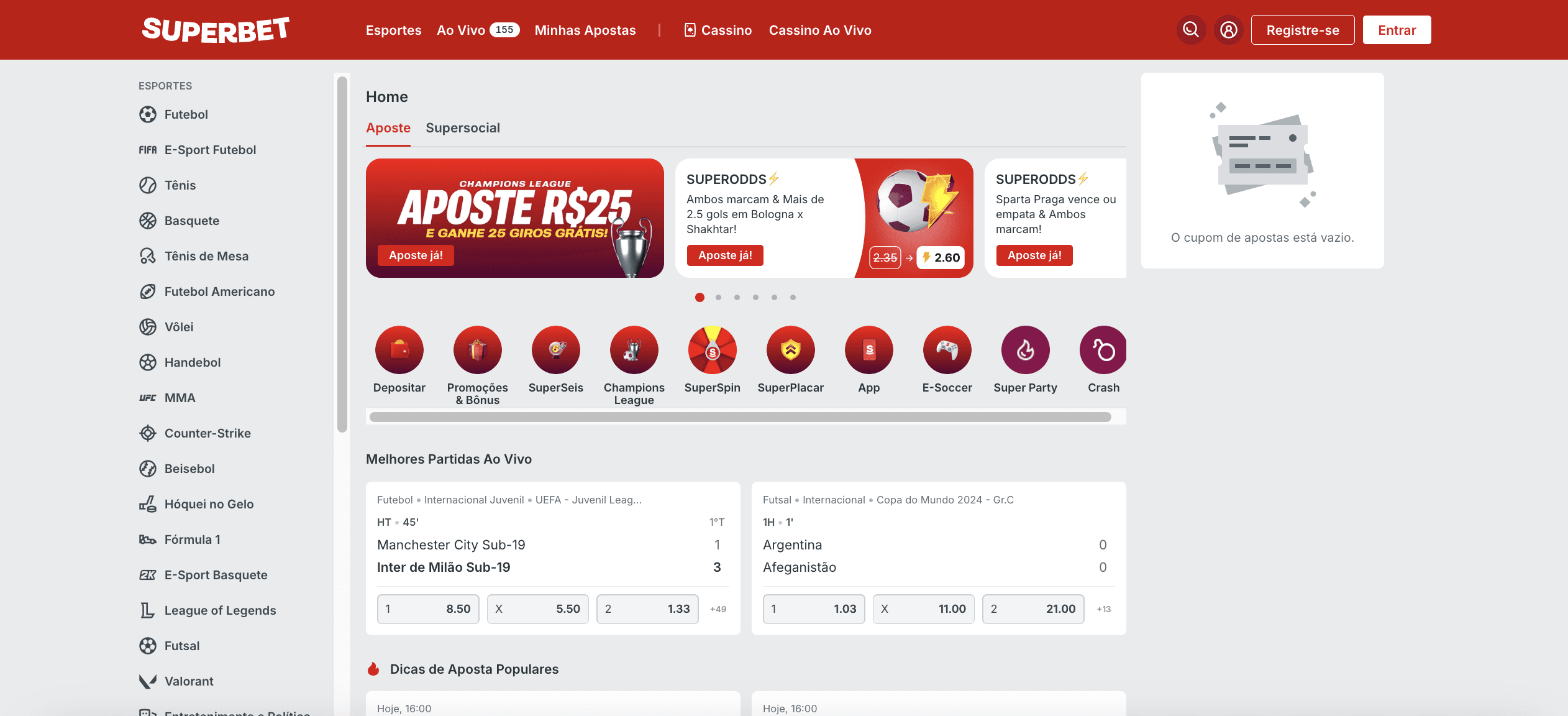 Página inicial do site da Superbet.