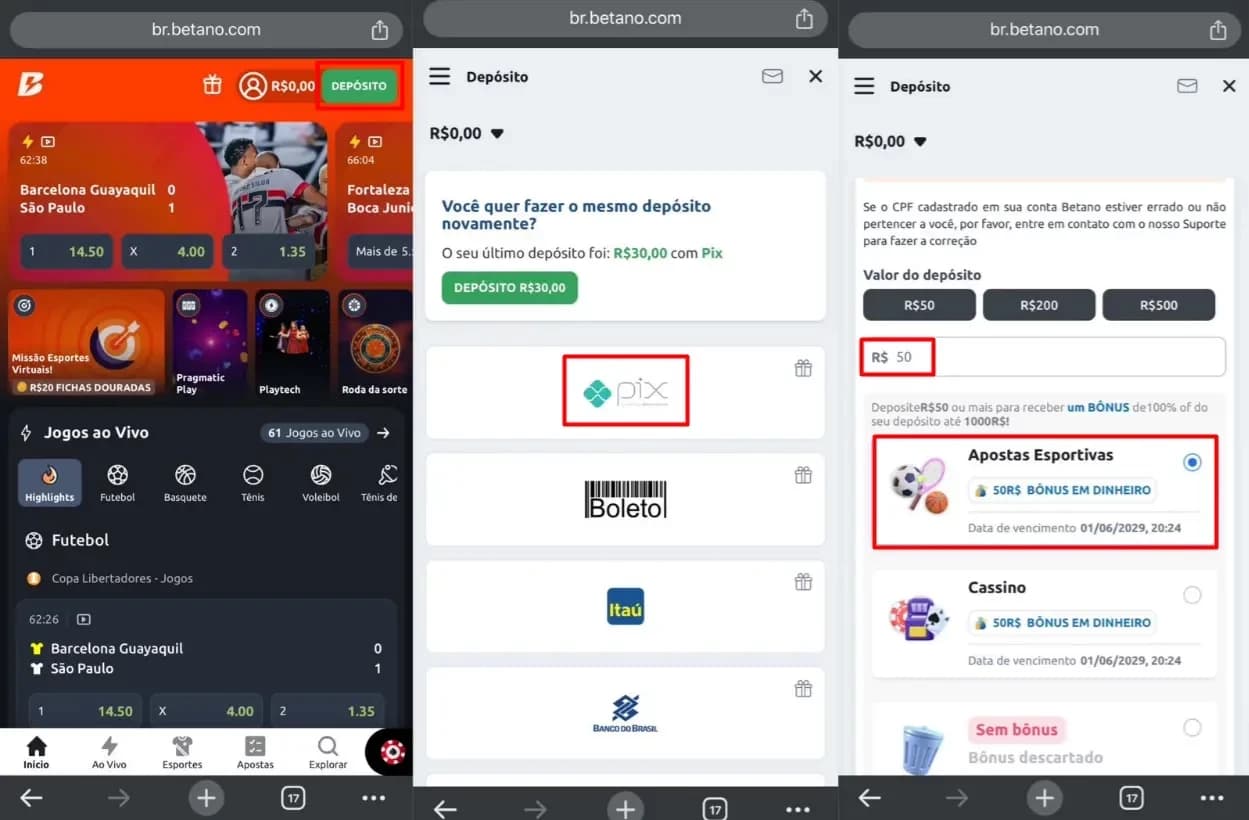 telas de celular mostrando como fazer depósito no site da betano