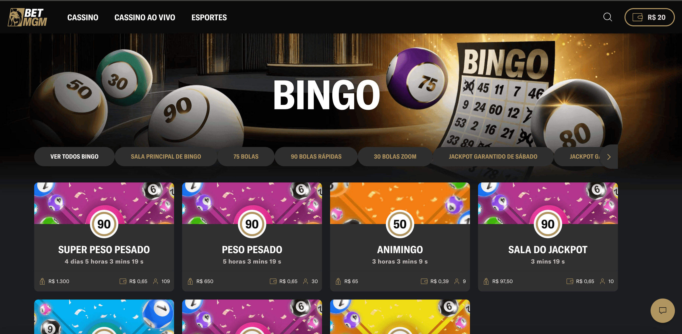 Seção de Bingo na BetMGM