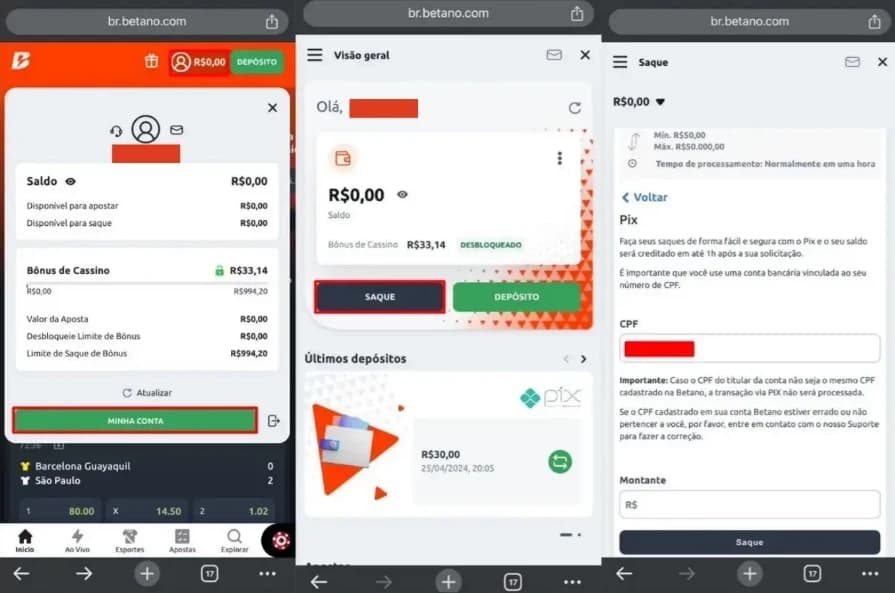 telas do celular mostrando como fazer saque na betano