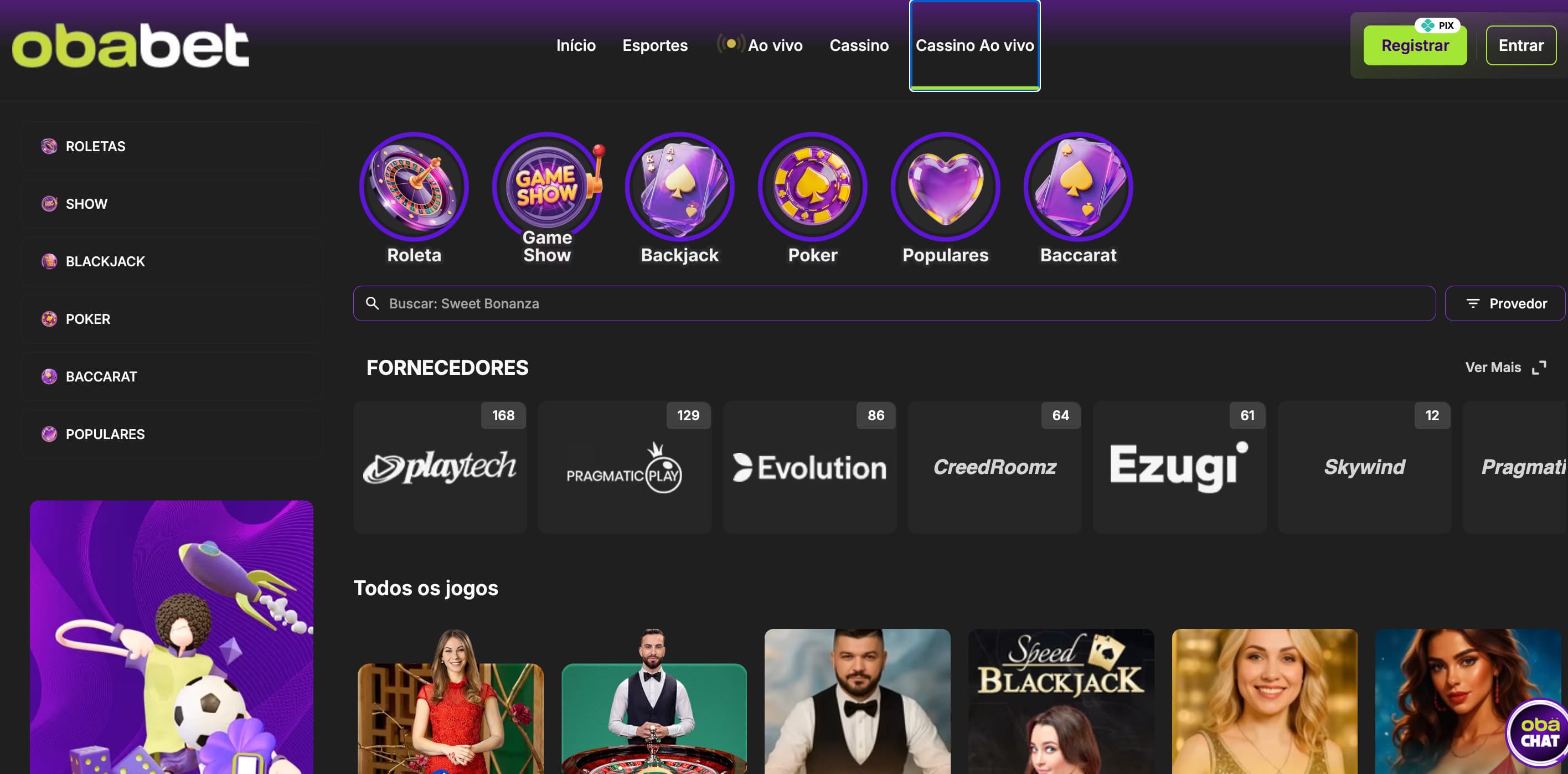 Seção de cassino ao vivo do site da Obabet