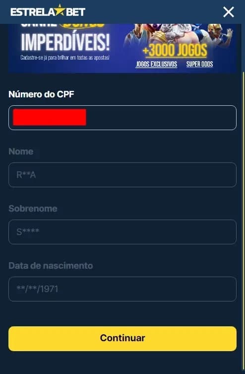 etapa de cadastro na estrelabet solicitando o CPF do usuário