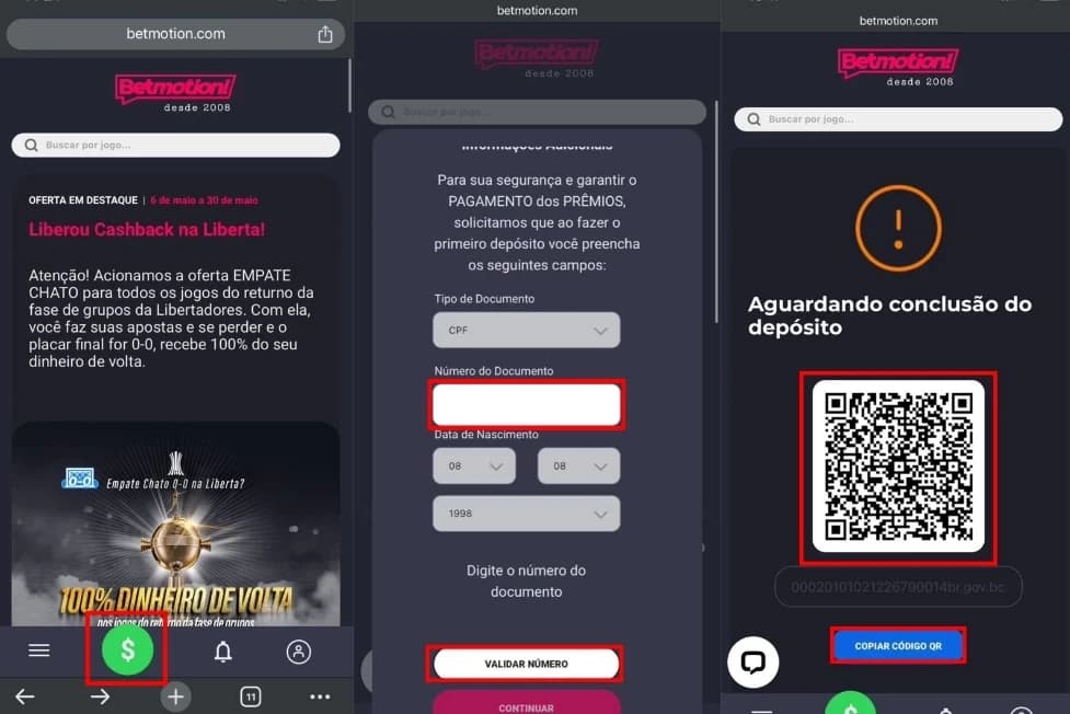 telas orientando a fazer o depósito da betmotion clicando no botão verde e em seguida digitando cpf