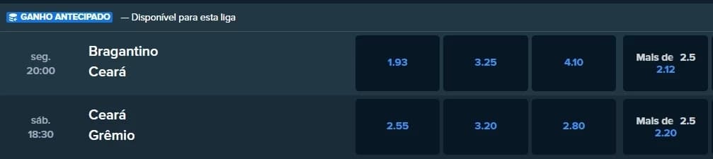 "ganho antecipado" com texto branco e fundo azul na stake