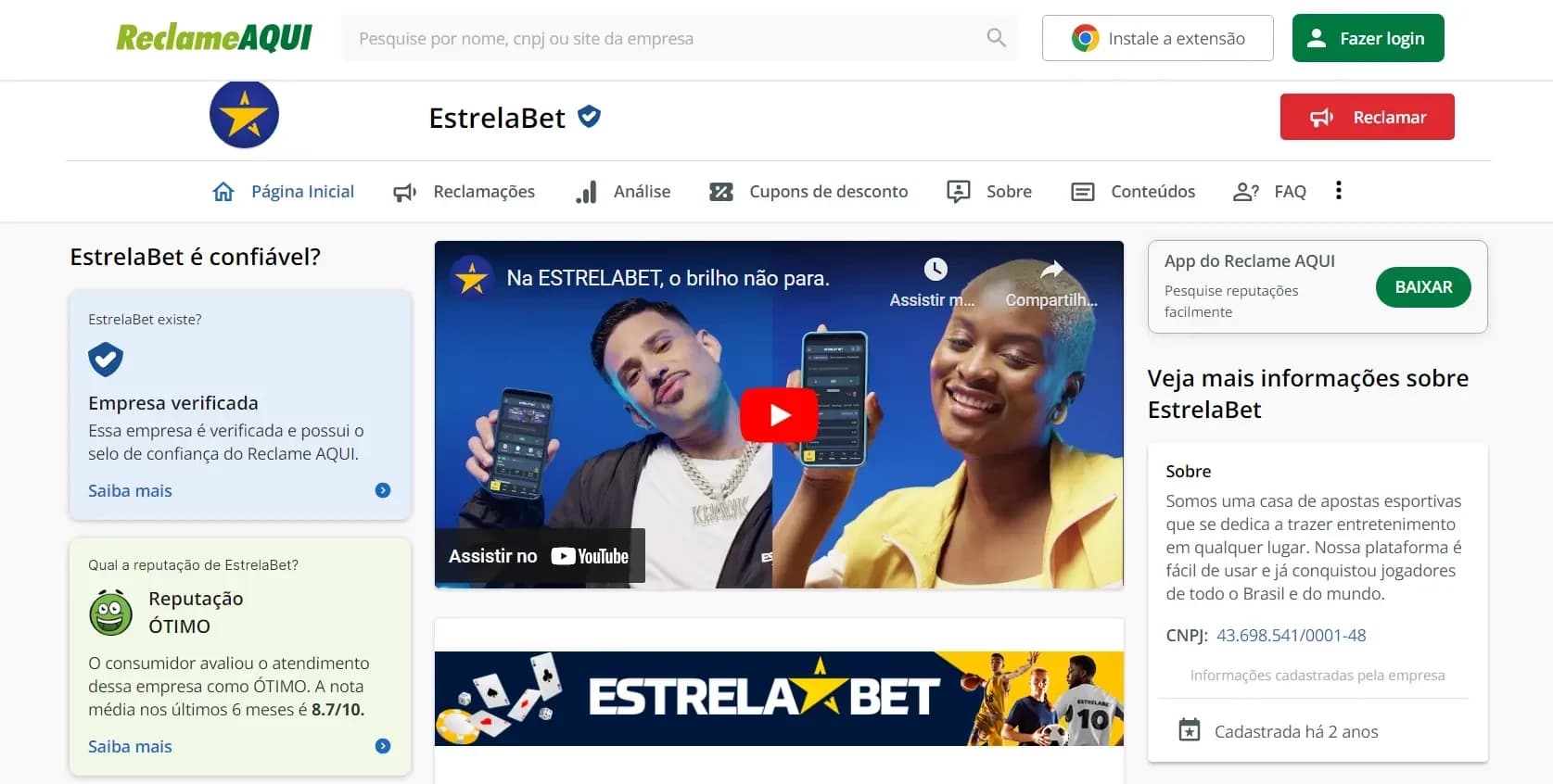 tela do reclame aqui indicando reputação ótima da estrelabet