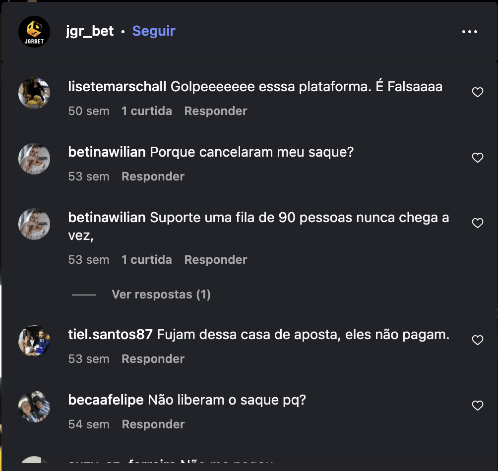 Comentários em uma das publicações no perfil da Jgrbet