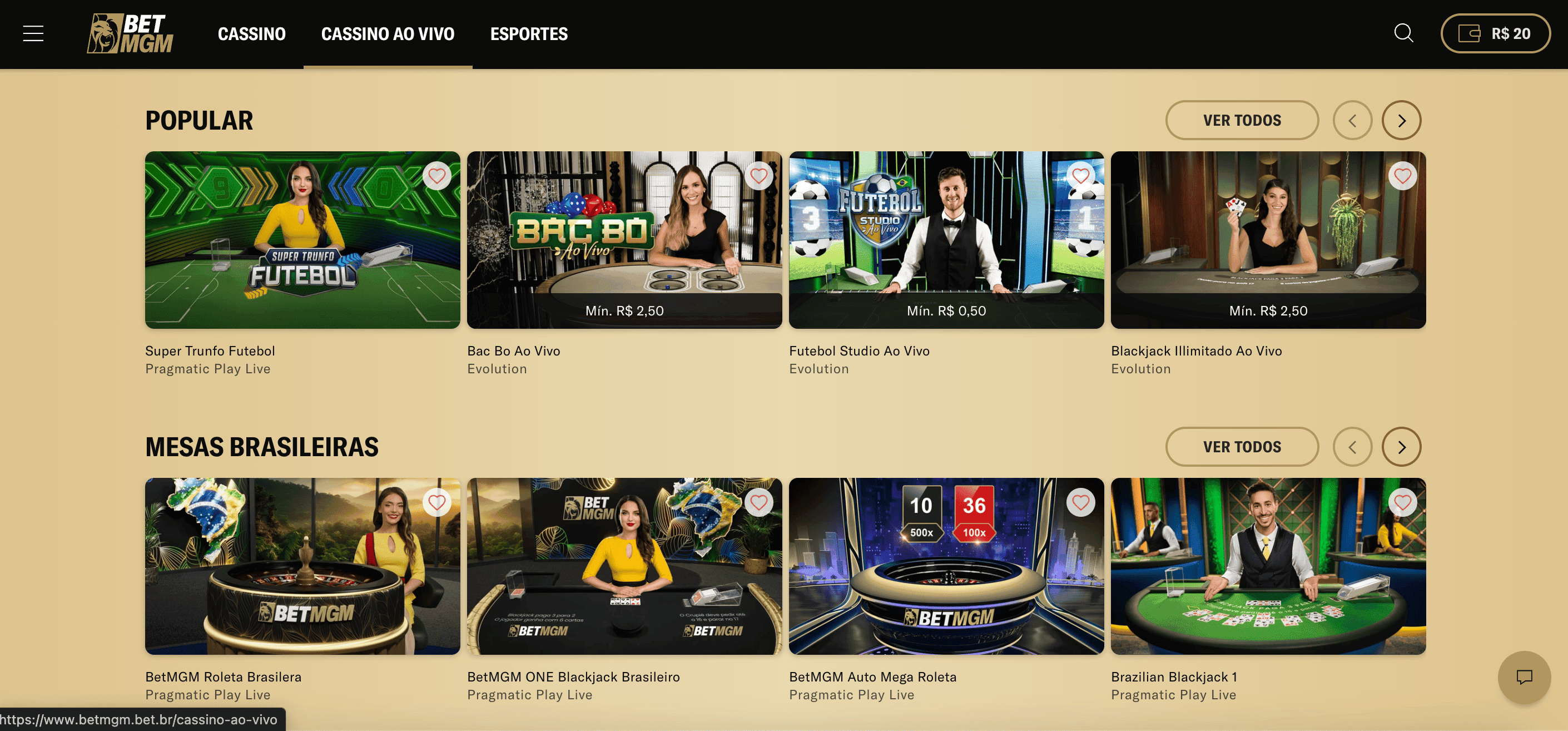 Seção de Cassino Ao Vivo na BetMGM