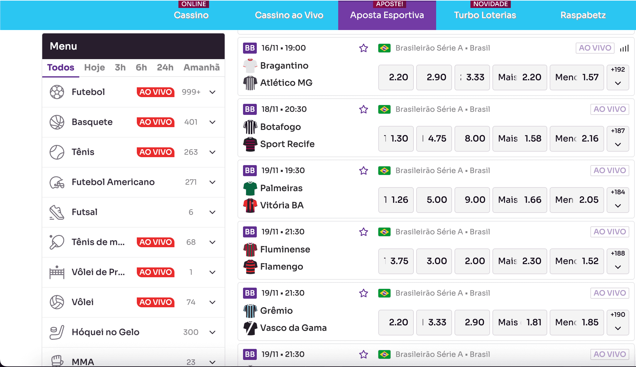 Seção de apostas esportivas na Sorte Online Betz