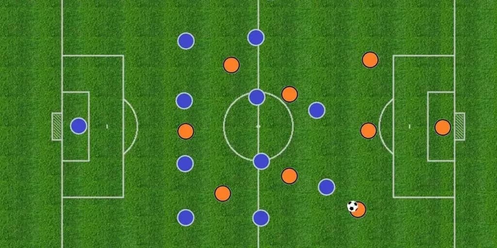 Imagem de um campo de futebol ilustrado, com várias bolinhas desenhadas representando o time