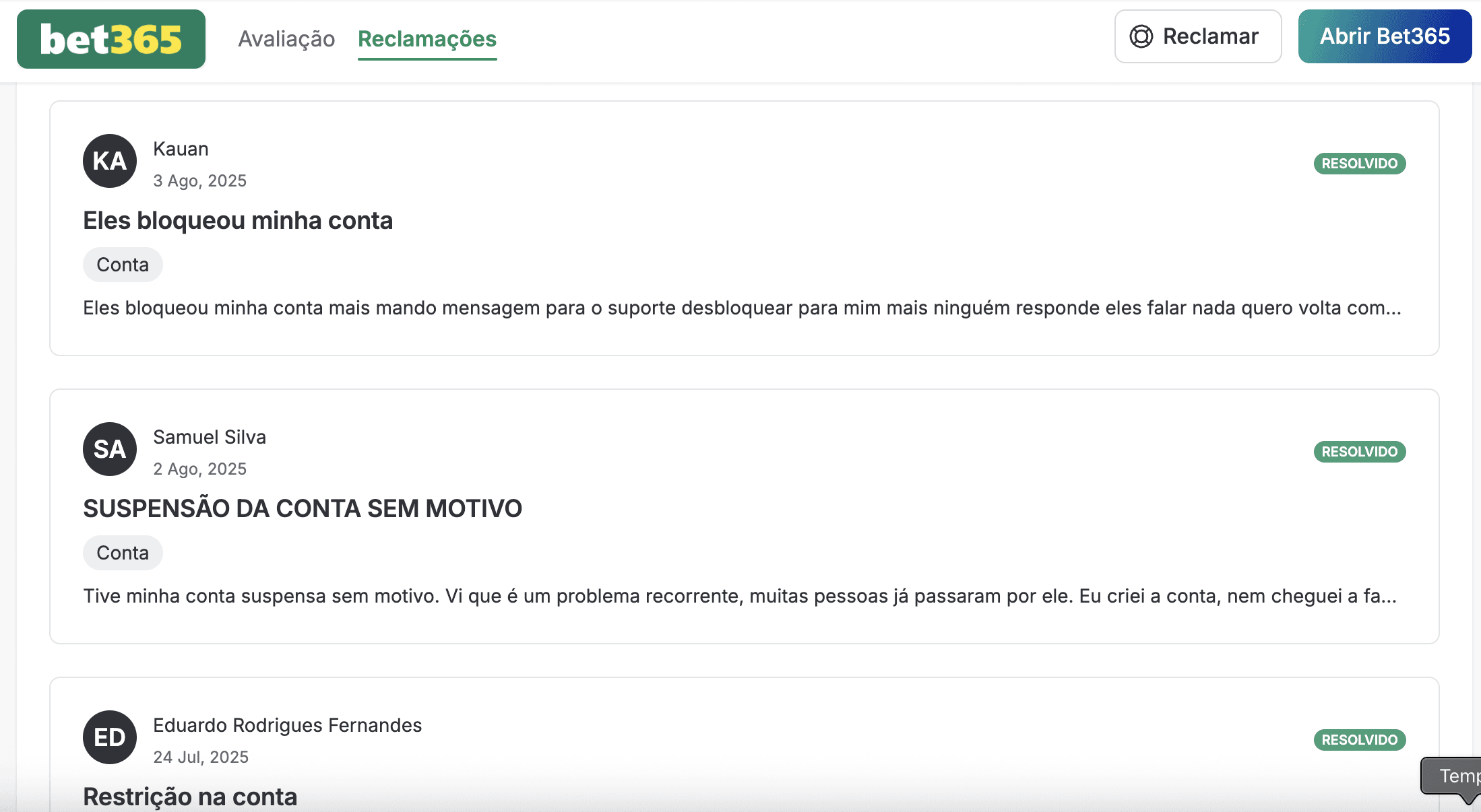 Página da Bet365 no Aposta Legal