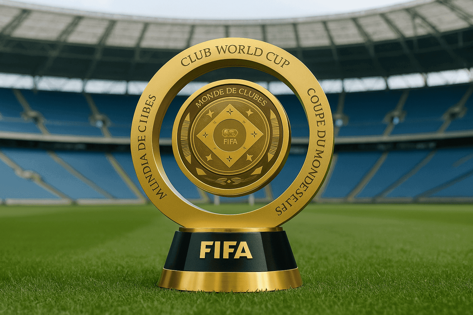 A imagem mostra o troféu de campeão do Super Mundial de Clubes 2025 (Feito por IA).