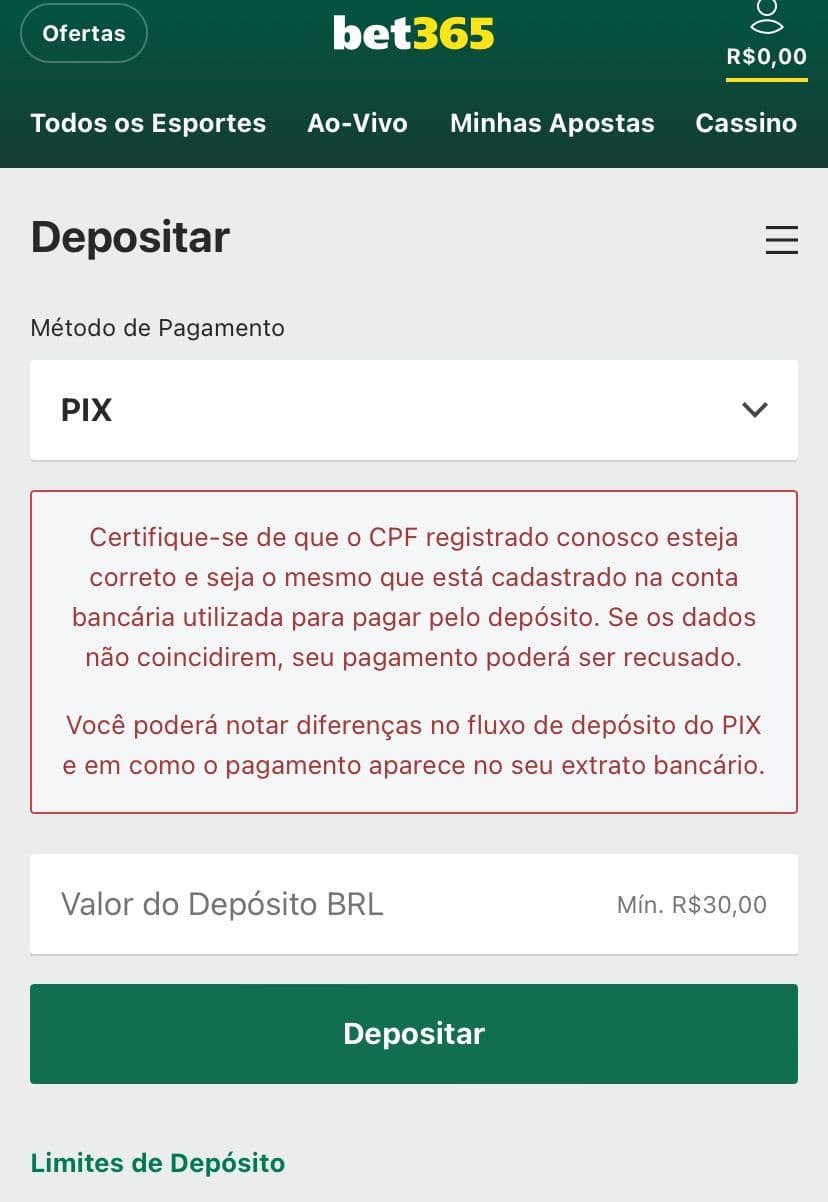 Tela de depósito Bet365