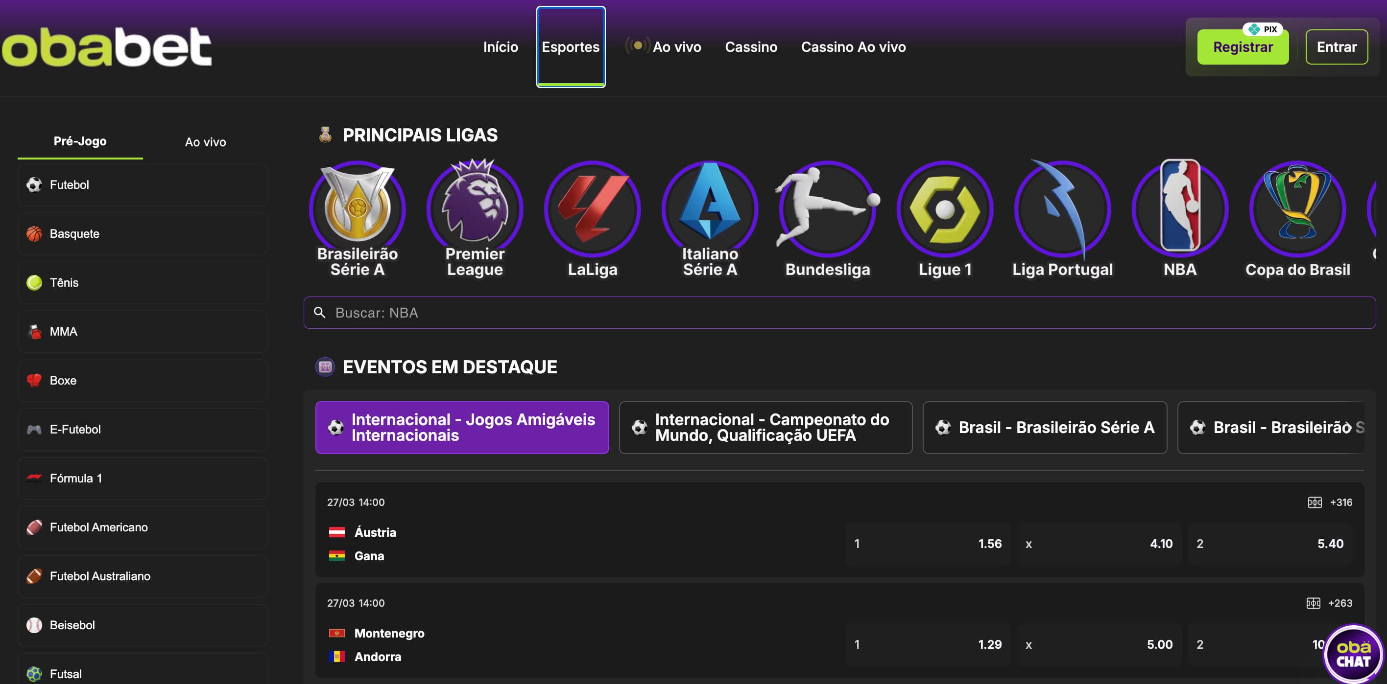 Seção esportes Obabet