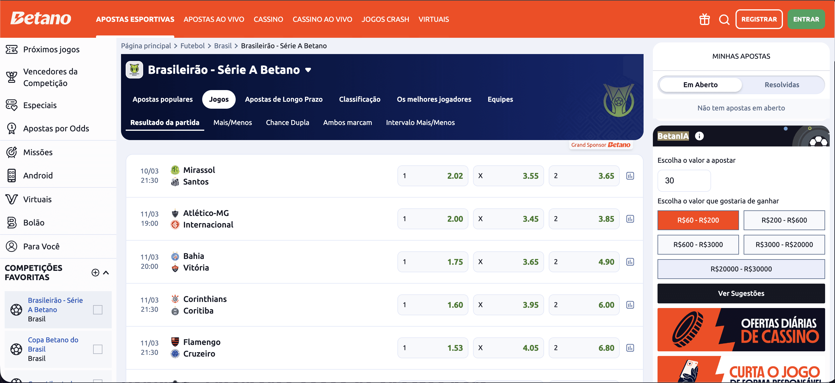 Página inicial da Betano