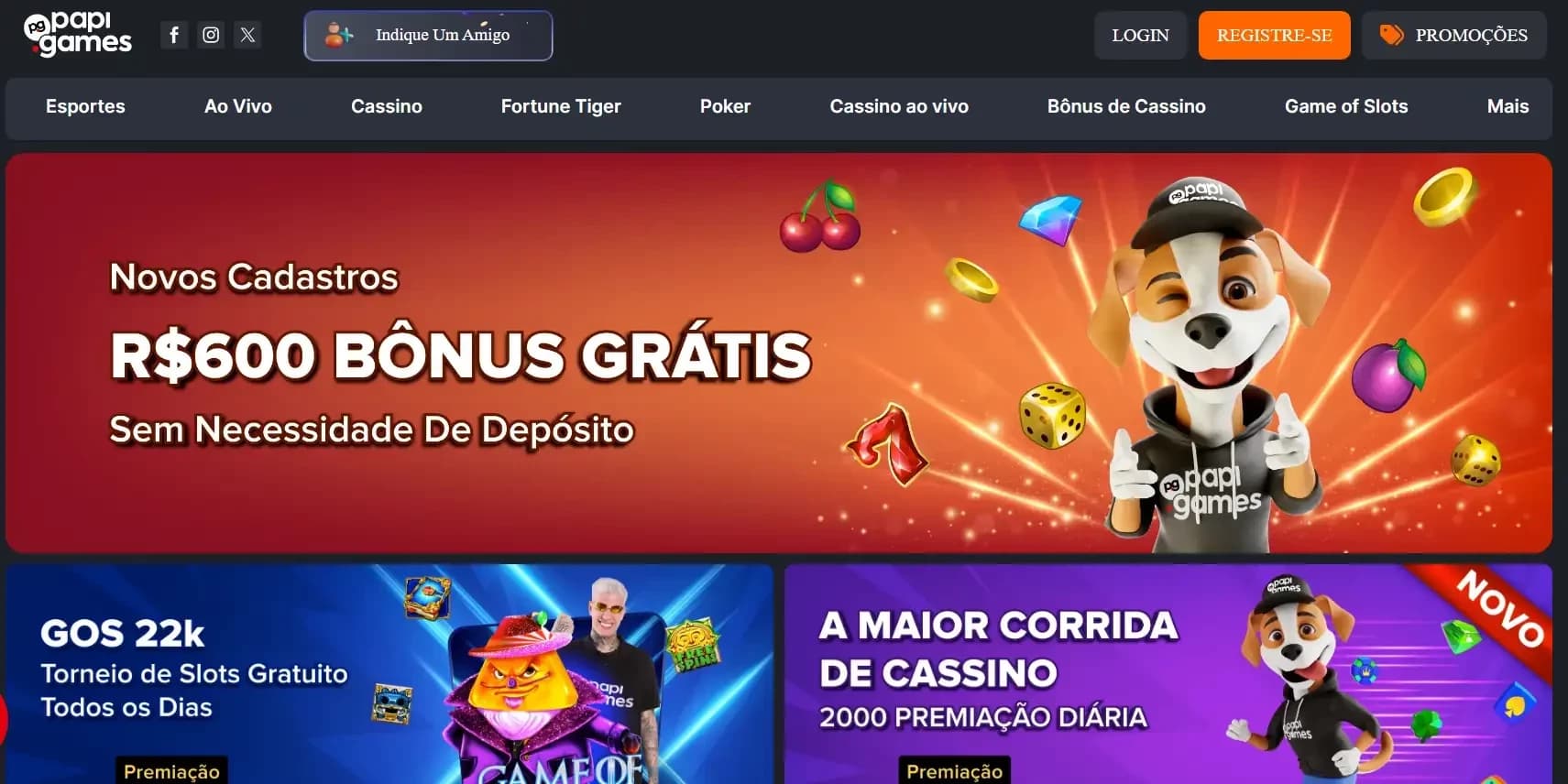 página inicial da papi games