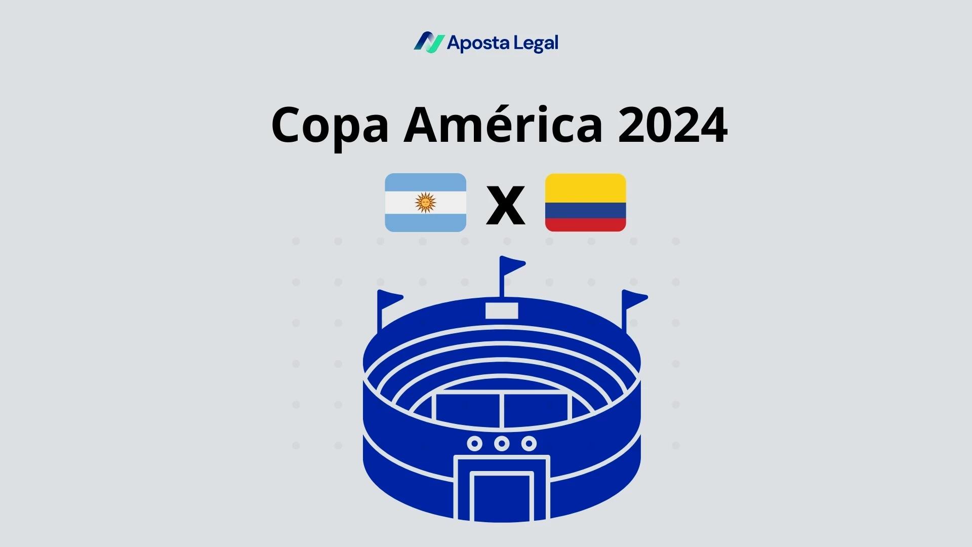 fundo cinza com estádio azul e titulo copa america 2024 com as bandeiras da argentina e colombia lado a lado