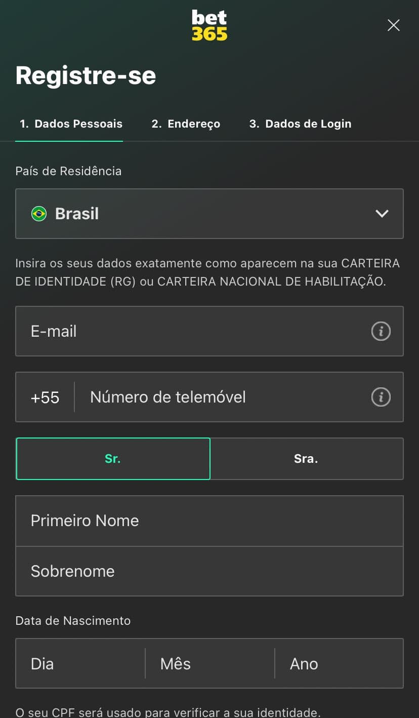 Tela de cadastro Bet365