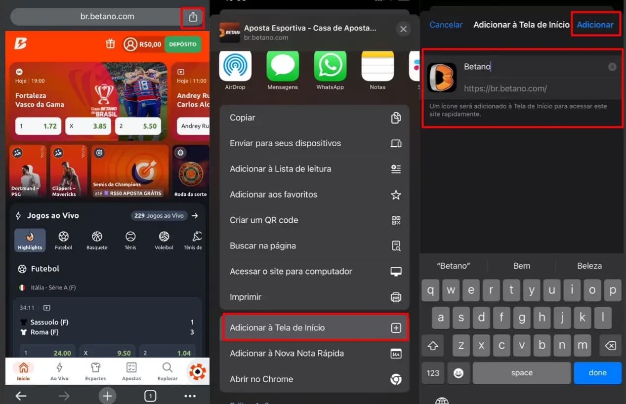 tela de três passos indicando a fixar o aplicativo da betano na tela inicial do iphone