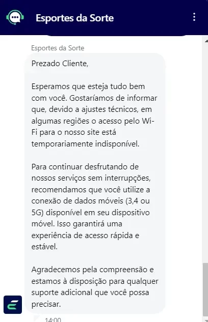 atendimento da esportes da sorte indicando acessar o site pelo 4g