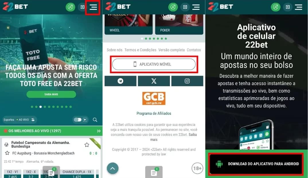 telas do aplicativo 22bet indicando o botão de menu a direita e o botão de app movel